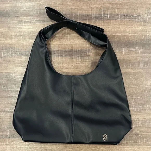 Victoria's Secret NWT Large Bow Hobo Shoulder Bag Black Chic Coquette Vegan - Picture 3 of 6